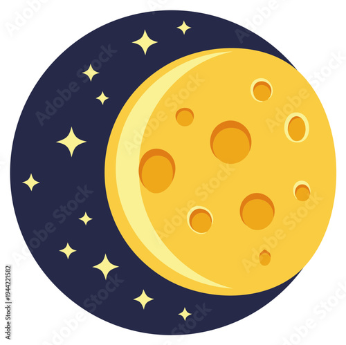 Cartoon graphic of yellow full moon with craters against a night sky with stars