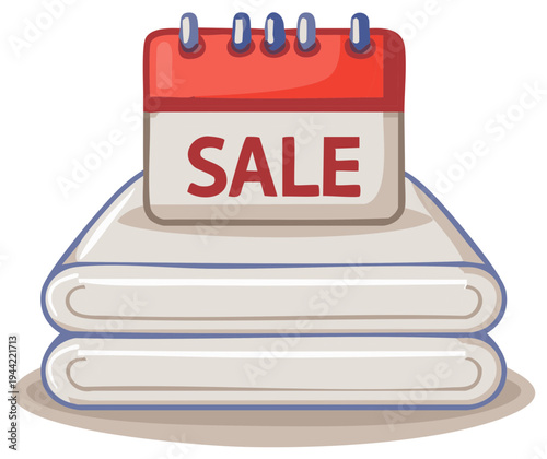 Cartoon calendar with sale reminder on a stack of soft folded fabrics for retail sales promo