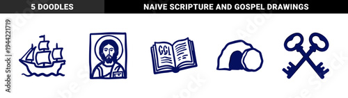 Christian religious symbols and biblical elements in a rustic navy blue marker sketch style. Naive hand-drawn illustrations of Jesus, holy book, ship, keys, and empty tomb.