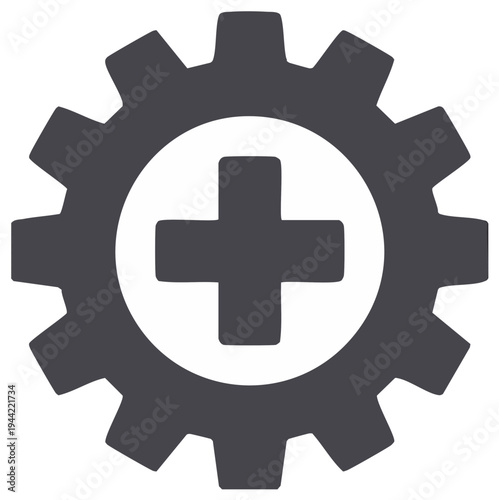 Cogwheel integrating a plus sign: represents medical devices and technological healthcare advancements