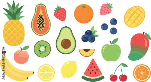 Fresh tropical fruits vector set with pineapple, papaya, banana, kiwi, mango, berries and citrus colorful food illustration
