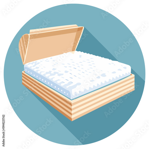 Open bed with foam mattress inside a blue circle illustration