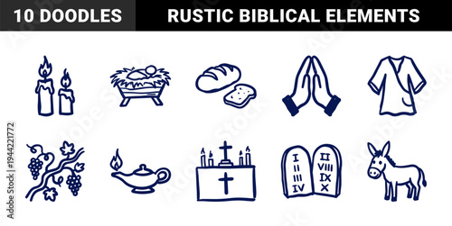 Christian religious symbols and biblical story elements for spiritual branding. Rustic, naive marker sketch illustrations in a doodle style.