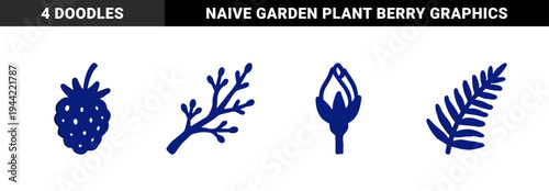 Hand-drawn botanical silhouettes and wild berry doodles for organic branding. Rustic blue ink style floral elements with a naive hand-painted aesthetic.
