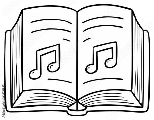 Open book with musical notes drawn on pages black and white illustration