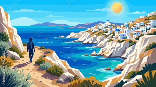 A person hiking along a cliffside path with a backpack, overlooking a coastal village with white buildings and blue domes under a sunny sky, creating a scenic travel destination view.