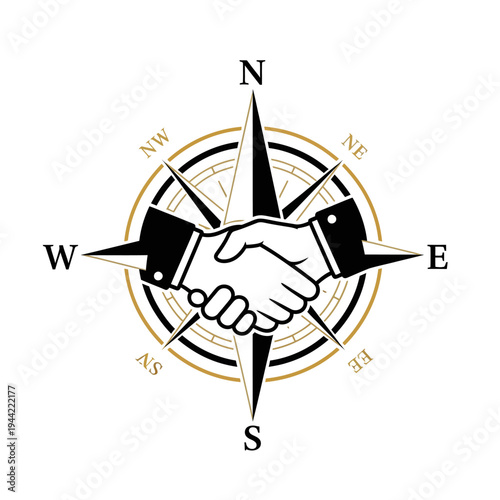Business Partnership Handshake Over Compass Rose Symbolizing Direction and Agreement