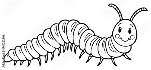 Cartoon Centipede Insect Outline Illustration with Smiling Face