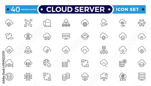 Set of Cloud server line icons related to cloud computing, cloud services, server, cyber security, digital transformation. Outline icon collection. Editable stroke outline icon.

