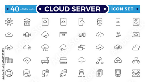 Set of Cloud server line icons related to cloud computing, cloud services, server, cyber security, digital transformation. Outline icon collection. Editable stroke outline icon.
