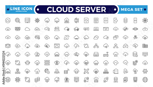Set of Cloud server line icons related to cloud computing, cloud services, server, cyber security, digital transformation. Outline icon collection. Editable stroke outline icon.
