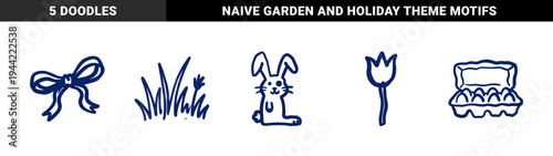 Hand-drawn Easter and spring celebration elements for rustic brand identity. Naive marker sketch illustrations featuring bunny, eggs, and floral concepts.
