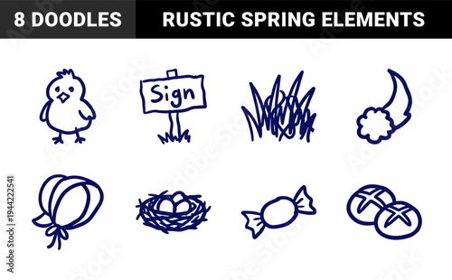 Rustic hand-drawn Easter and springtime elements featuring chick, nest, and garden motifs. Naive marker sketch illustrations for organic holiday branding.