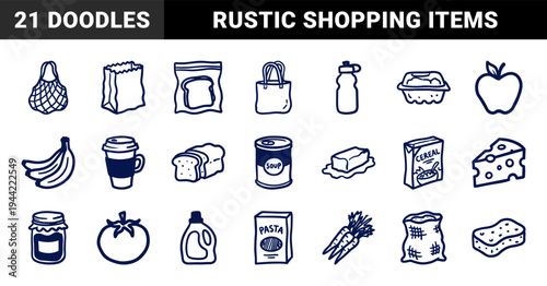 Hand-drawn grocery and supermarket essentials for organic retail branding. Rustic naive marker sketch illustrations of food and household items.
