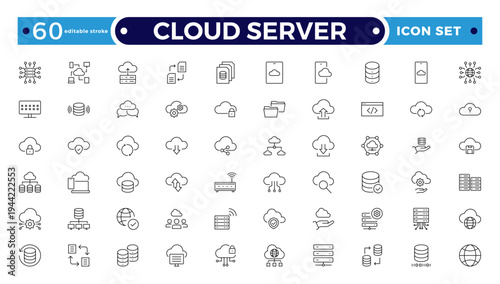 Set of Cloud server line icons related to cloud computing, cloud services, server, cyber security, digital transformation. Outline icon collection. Editable stroke outline icon.

