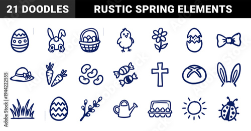Hand-drawn Easter holiday elements for seasonal branding and scrapbooking. Rustic naive marker sketch illustrations featuring bunnies, eggs, and spring nature.