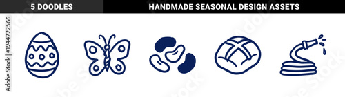 Hand-drawn spring and garden doodle elements featuring Easter egg, butterfly, seeds, hot cross bun, and watering hose for rustic brand identity.