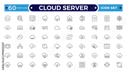 Set of Cloud server line icons related to cloud computing, cloud services, server, cyber security, digital transformation. Outline icon collection. Editable stroke outline icon.
