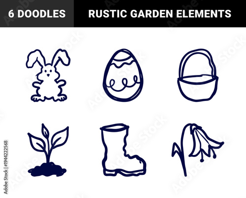 Hand-drawn spring and Easter elements featuring bunny, egg, and garden boot. Rustic naive marker sketch illustrations for organic holiday branding.