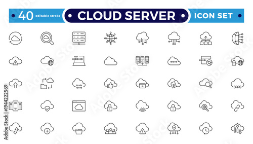 Set of Cloud server line icons related to cloud computing, cloud services, server, cyber security, digital transformation. Outline icon collection. Editable stroke outline icon.
