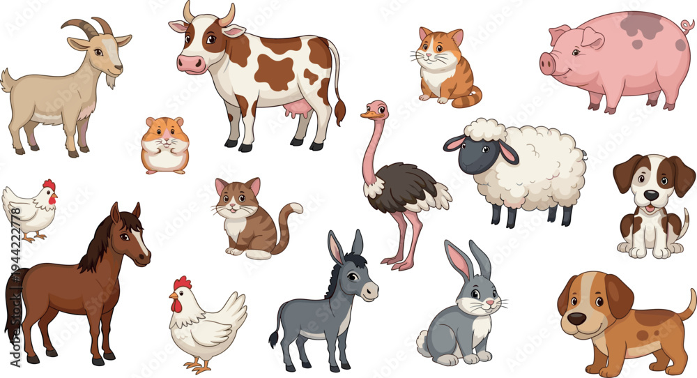 Obraz premium Farm Animals Vector Set with Cow, Goat, Pig, Sheep, Horse, Donkey, Rabbit, Dog and Chicken Cartoon Illustration