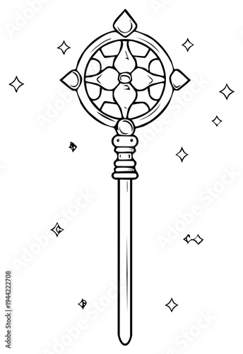 Magical staff with flower symbol and glittering stars for spellcasting and fantasy stories