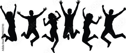 Group of happy people jumping silhouette, friends celebrating success, teamwork energy, freedom movement, youth lifestyle isolated vector illustration