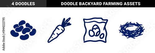 Hand-drawn organic gardening and harvest elements in a naive doodle style. Rustic marker sketch featuring carrot, beans, bird nest, and seed packet.