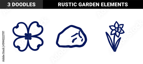Hand-drawn nature and garden elements for organic branding. Rustic naive marker sketch illustrations featuring rock, dogwood flower, and daffodil.