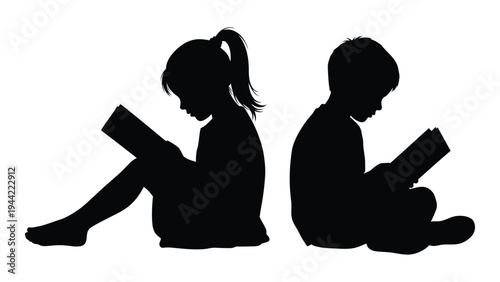 Two children sitting and reading books in a quiet and peaceful environment with a silhouette design