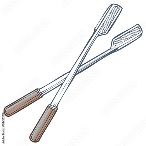Pair of Crossed Tweezers with Serrated Tips and Wooden Handles, Simple Illustration