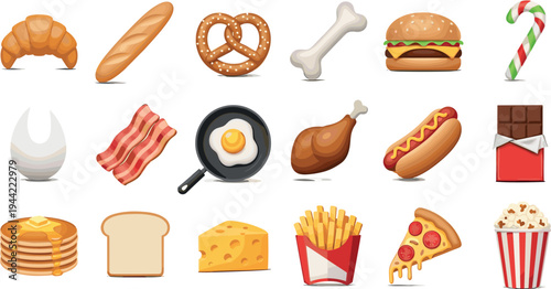 Fast Food Vector Set with Burger, Hot Dog, Pizza, Fries, Croissant, Bacon, Egg, Pancakes and Snack Illustration Collection