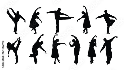 A collection of diverse dance silhouettes featuring various ballet and contemporary dance poses