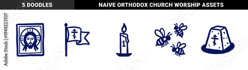 Orthodox Christian religious symbols in a naive hand-drawn doodle style. Rustic marker sketch illustrations of a candle, icon of Christ, flag, paska cake, and bees.