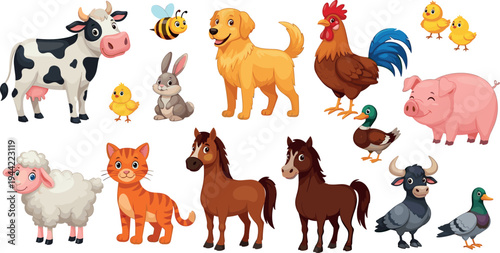 Farm Animals Vector Set with Cow, Pig, Horse, Sheep, Chicken, Duck, Dog, Cat, Bee and Rabbit Cartoon Illustration