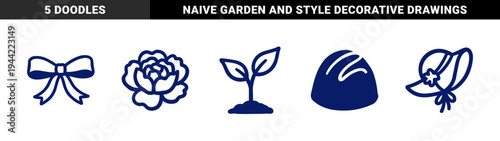 Hand-drawn organic lifestyle elements and botanical doodles for feminine branding. Rustic navy blue marker sketch featuring floral and fashion motifs.