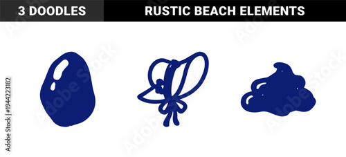 Hand-drawn blue organic shapes and summer beach accessories. Rustic naive marker sketch featuring sun hat, stone, and splashing water elements.