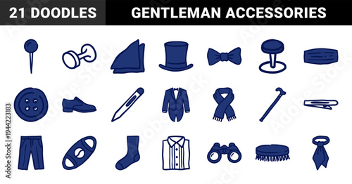 Classic dandy gentleman accessories and formal attire elements for vintage branding. Rustic hand-drawn blue marker sketch illustrations featuring masculine fashion concepts.