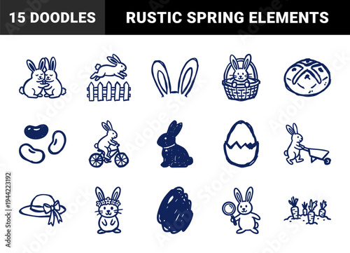 Hand-drawn Easter bunny and springtime garden elements for rustic brand identity. Naive marker sketch illustrations featuring rabbits, eggs, and carrots.