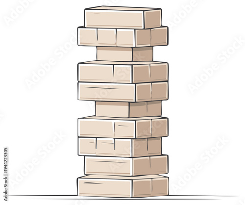 Tall stack of wooden blocks leaning precariously