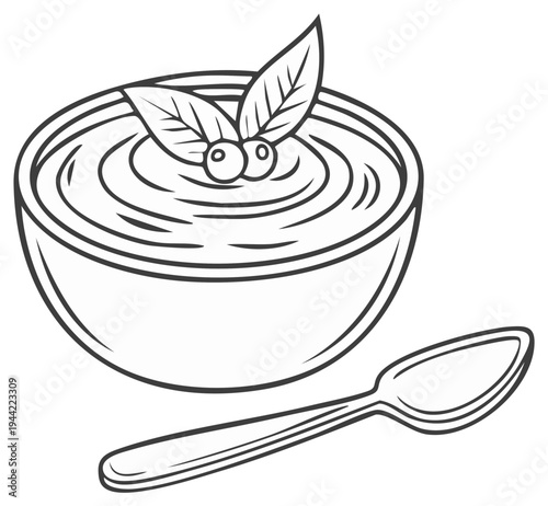 Outline sketch of a bowl of porridge or soup with a berry garnish and spoon