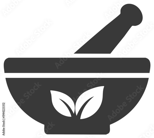 Herb grinder mortar and pestle with leaves, symbol for natural remedies