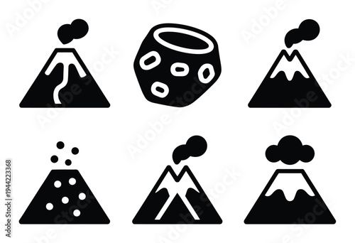 Volcano icons set, black and white vector illustration