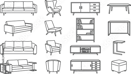 Modern furniture outline vector set featuring sofas, chairs, tables, cabinets, bookshelf and living room interior line icons collection