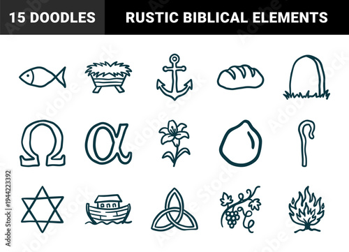 Hand-drawn religious and spiritual symbols for rustic brand identity. Naive marker sketch illustrations featuring Christian and biblical concepts.