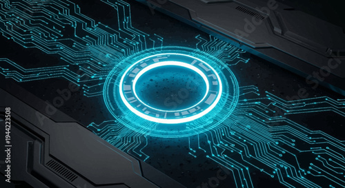 Futuristic glowing blue circuit board with central processor.