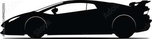 Modern sporty coupe car silhouette with rear spoiler, black vector illustration isolated on gray background, automotive design concept