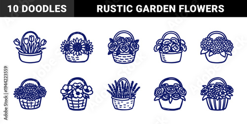 Hand-drawn floral basket sketches for rustic spring branding. Naive blue marker doodle illustrations featuring various garden flower arrangements.