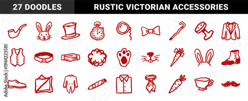 Vintage gentleman and rabbit wonderland elements in red hand-drawn naive doodle style. Rustic marker sketch illustrations for whimsical branding.