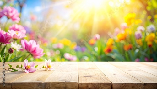 Wood Table Top with Colorful Spring Flower Garden Background, Sunny Nature Copy Space